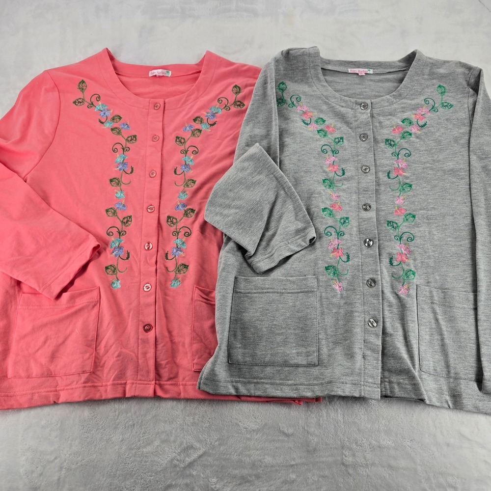 Palm Harbor Cardigan Women XL Embroidered Button Front Pink Gray Cotton Blend